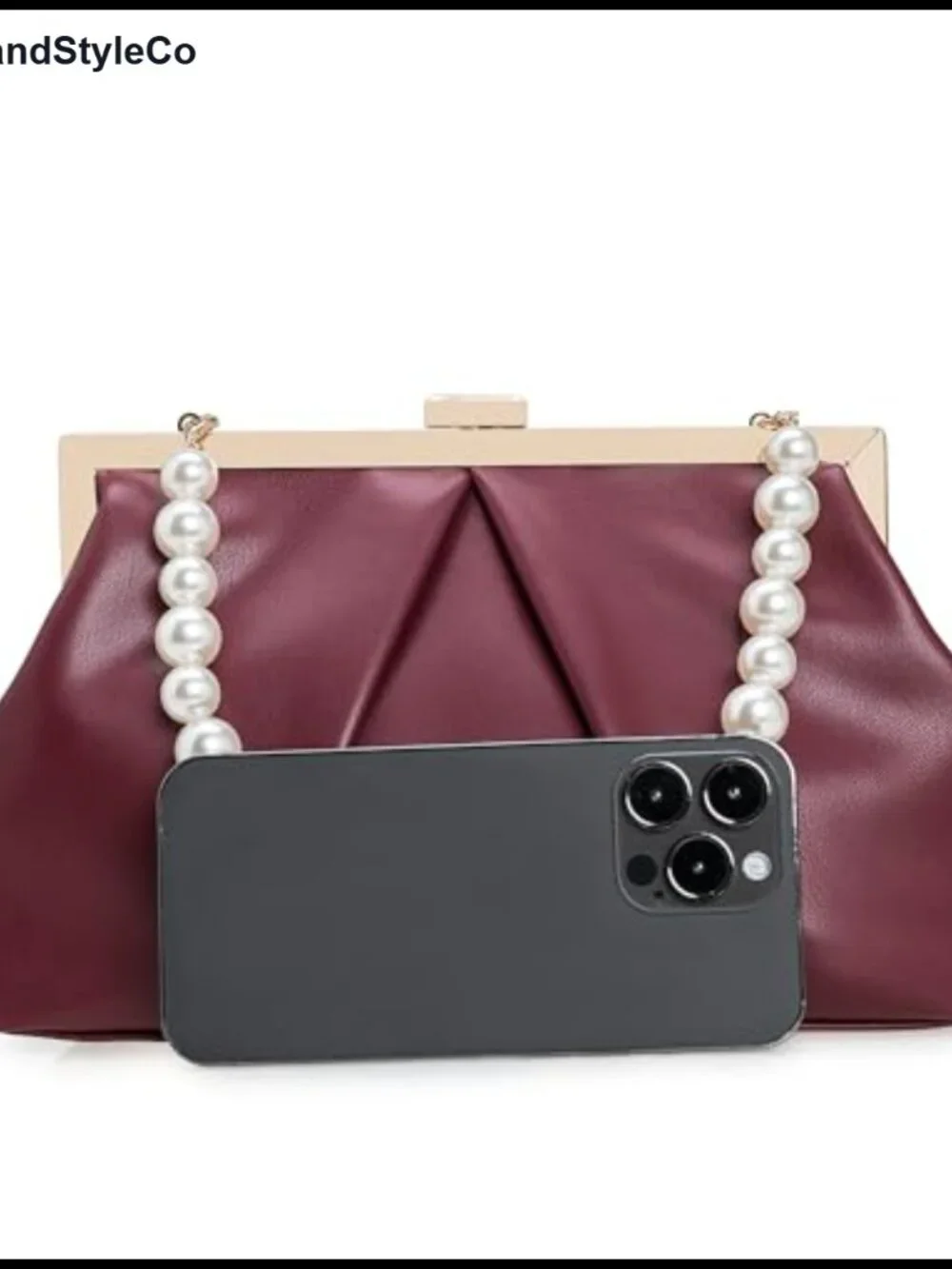 Faux Leather Clutch Purse Ruched PU Metal Frame Formal Evening Bag with Pearl